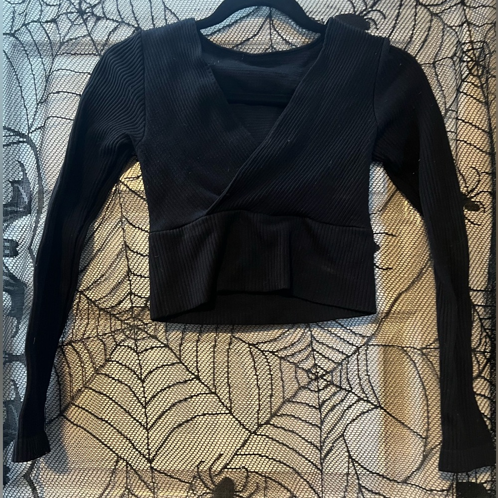 Black Ribbed Wrap Top